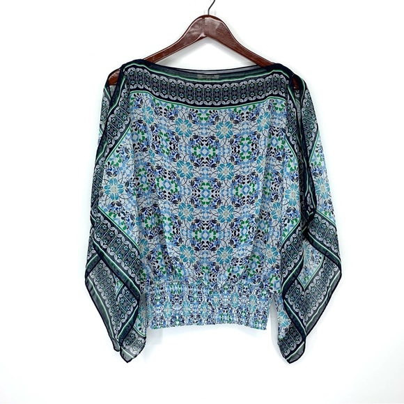 Max Studio Blue Green Geometric Print Slit Side Draped Sleeveless Stretch Blouse - Picture 1 of 16